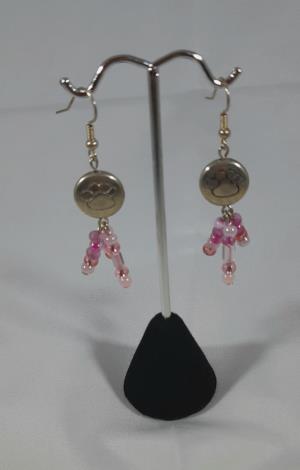 Pierced earrings, puffed paw print bead with pink dangles