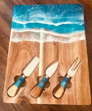 Ocean Cheese Board with Knifes Set - Coasters - Handpaint - Wedding / House Warming Gift -