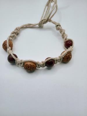 Hemp Bracelet with Dark Red Beads and Wooden Beads
